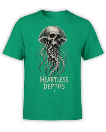 Skull jellyfish with long tentacles and Heartless Depths text on a green T-shirt