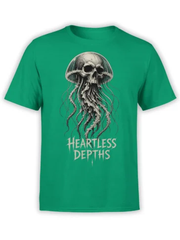 Skull jellyfish with long tentacles and Heartless Depths text on a green T-shirt