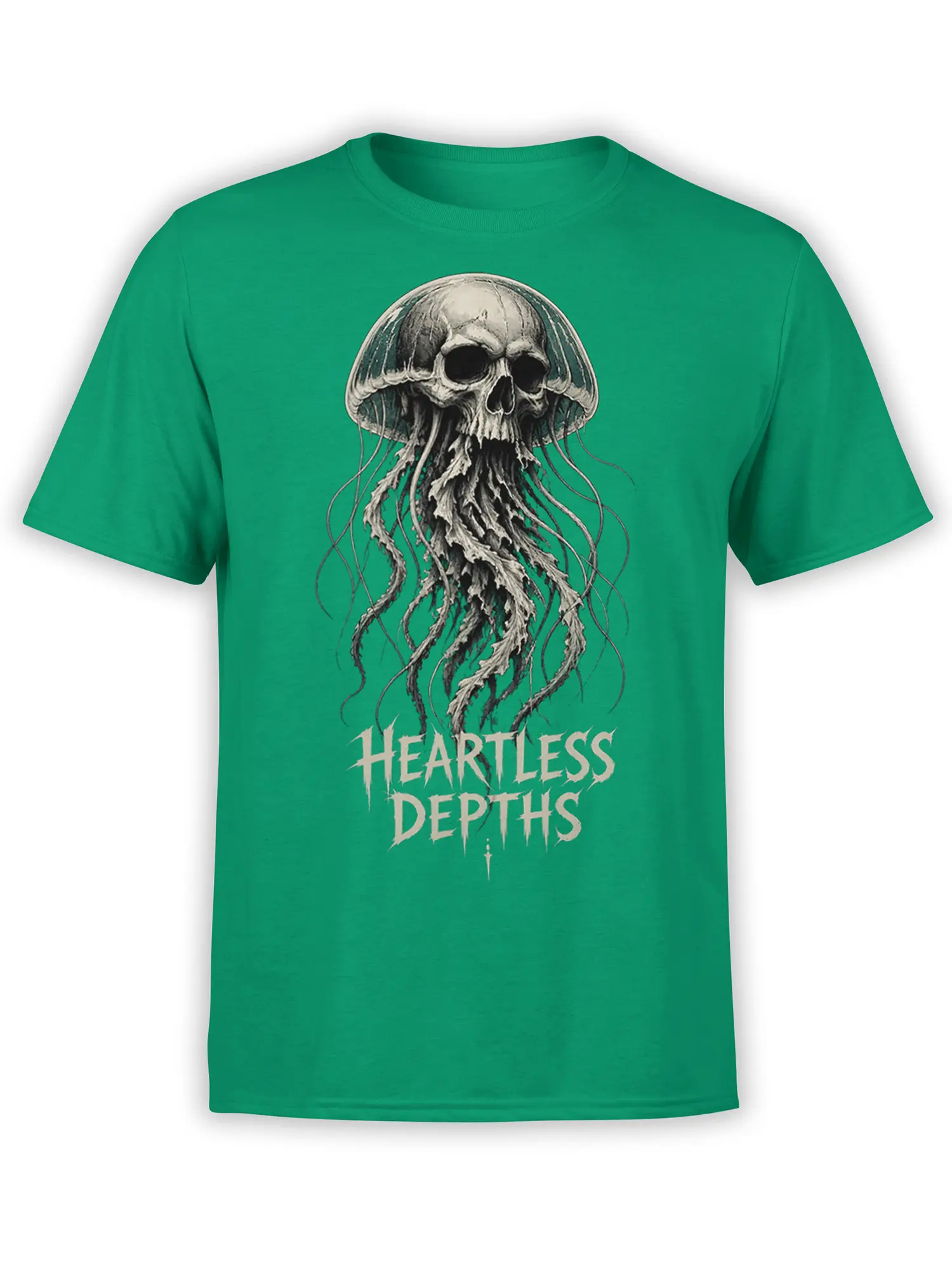 Skull jellyfish with long tentacles and Heartless Depths text on a green T-shirt