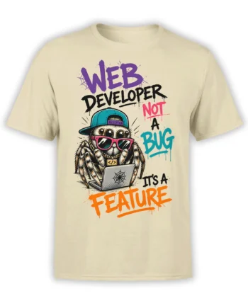 Beige web developer T-shirt with a colorful spider in sunglasses using a laptop and bold “It’s a Feature” lettering