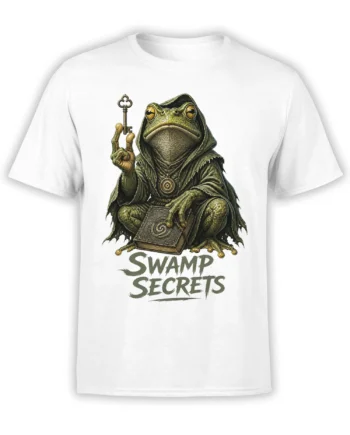 White T-shirt with a hooded green frog holding a key and book above the words SWAMP SECRETS
