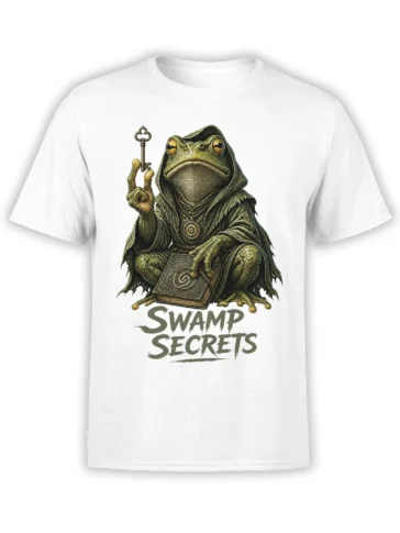 White T-shirt with a hooded green frog holding a key and book above the words SWAMP SECRETS