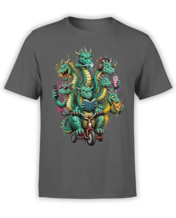 Funny gray dragon T-shirt with six colorful dragons, pizza, headphones, books, phones, and a red tricycle