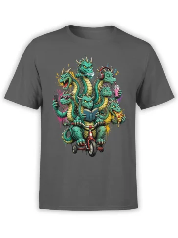 Funny gray dragon T-shirt with six colorful dragons, pizza, headphones, books, phones, and a red tricycle