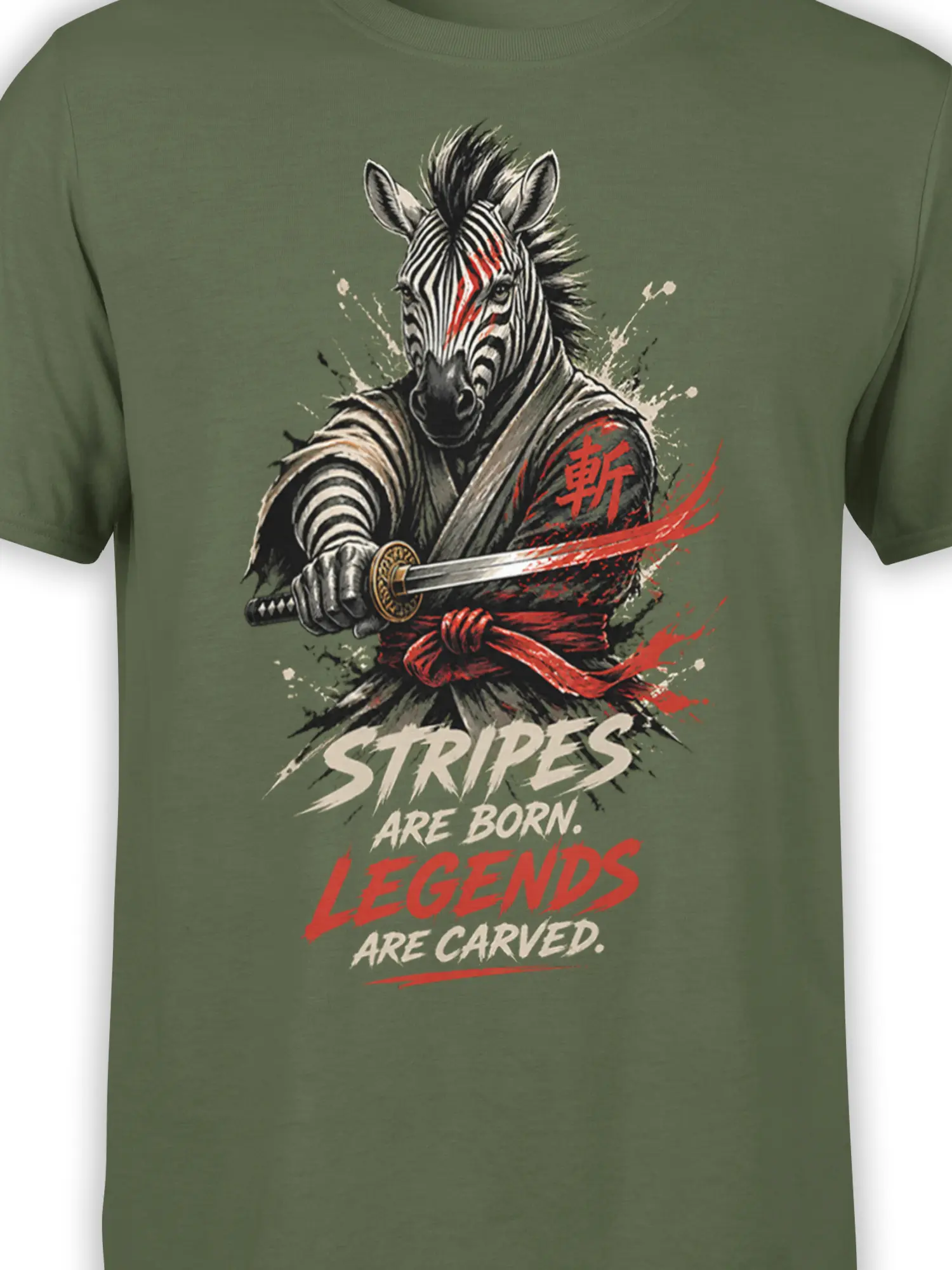 Close-up of zebra samurai artwork with sword, red accents, stripes, and lettering on an olive green T-shirt
