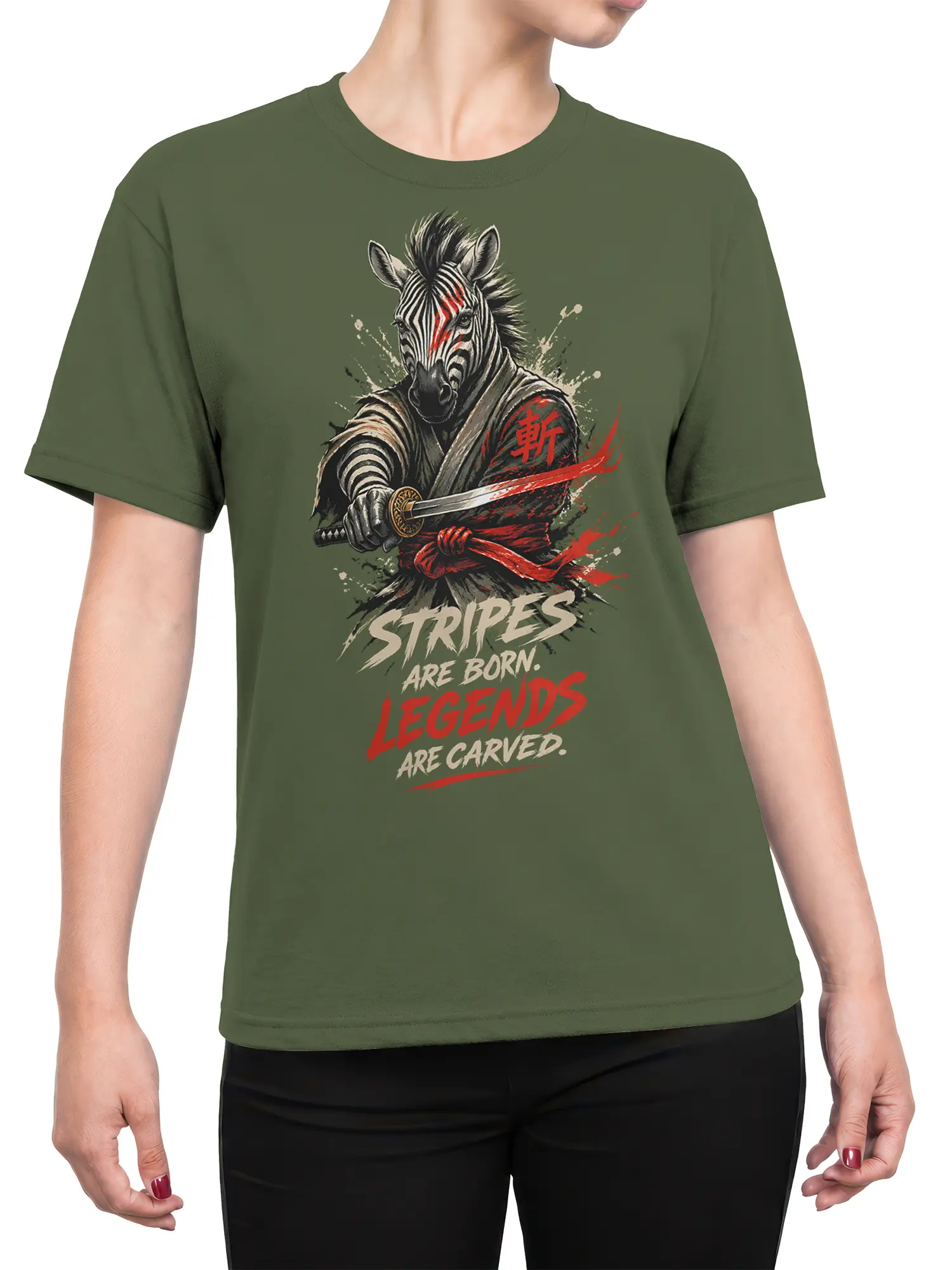 Female torso wearing an olive green zebra samurai graphic T-shirt with sword artwork and bold red lettering