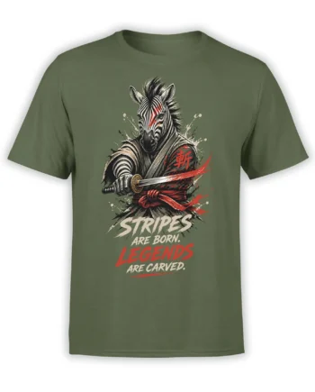 Olive green T-shirt with a zebra samurai holding a sword and bold red and cream legend lettering