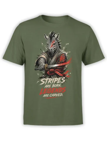 Olive green T-shirt with a zebra samurai holding a sword and bold red and cream legend lettering