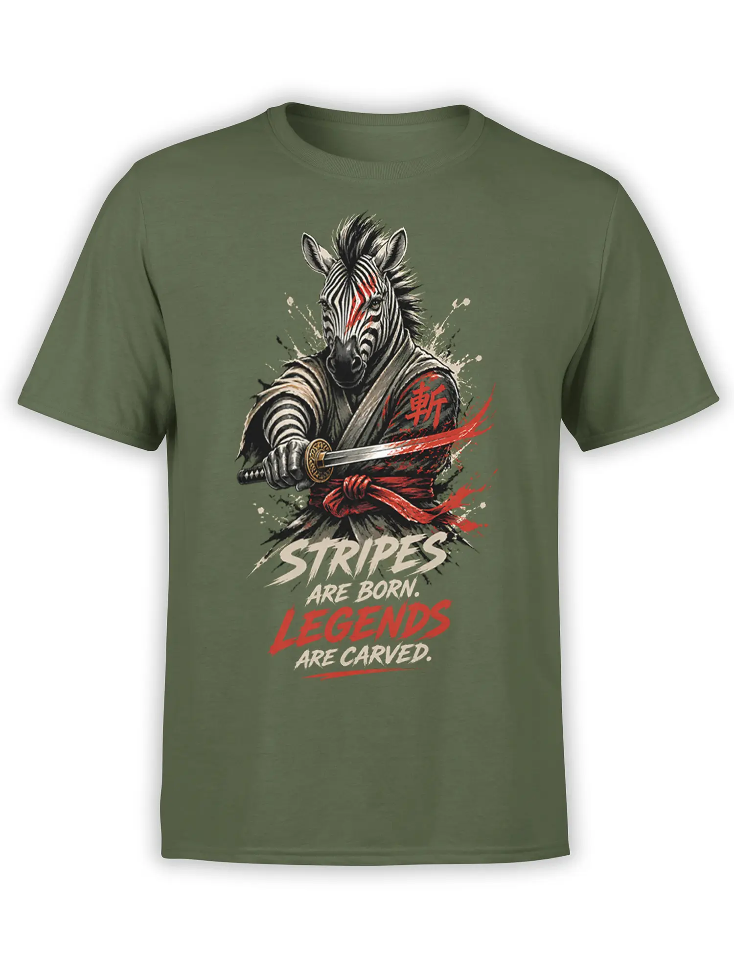 Olive green T-shirt with a zebra samurai holding a sword and bold red and cream legend lettering