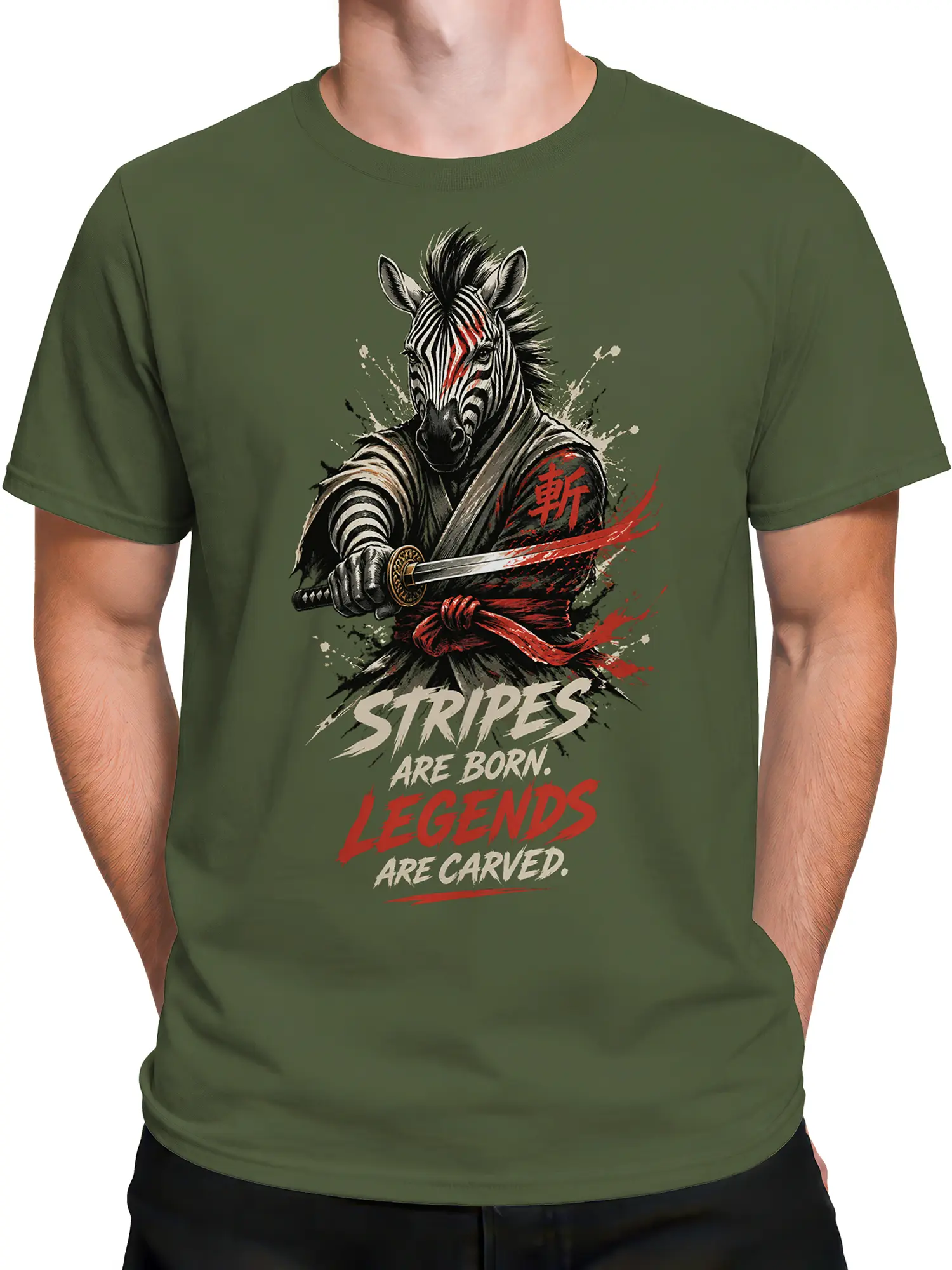 Male torso wearing an olive green zebra samurai T-shirt with striped artwork, sword details, and red lettering