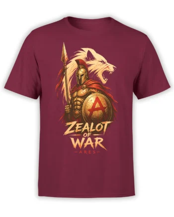 Maroon Greek mythology T-shirt featuring armored Ares, a roaring lion, spear, shield, and distressed war lettering