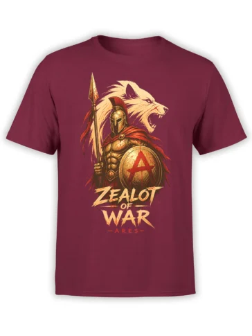 Maroon Greek mythology T-shirt featuring armored Ares, a roaring lion, spear, shield, and distressed war lettering