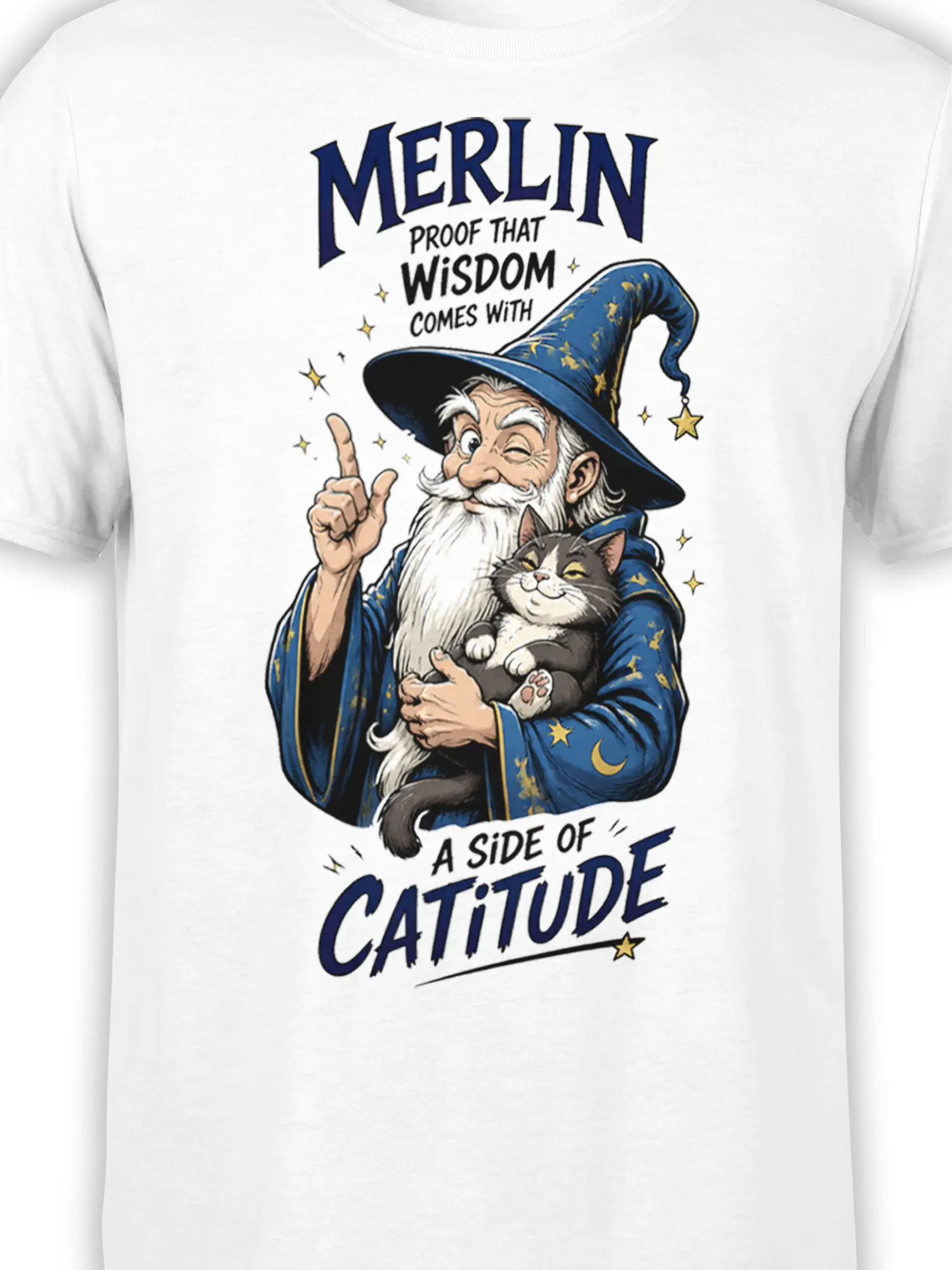 Close-up of wizard cat artwork on a white shirt with a gray cat, blue starry robe, moon, and gold stars