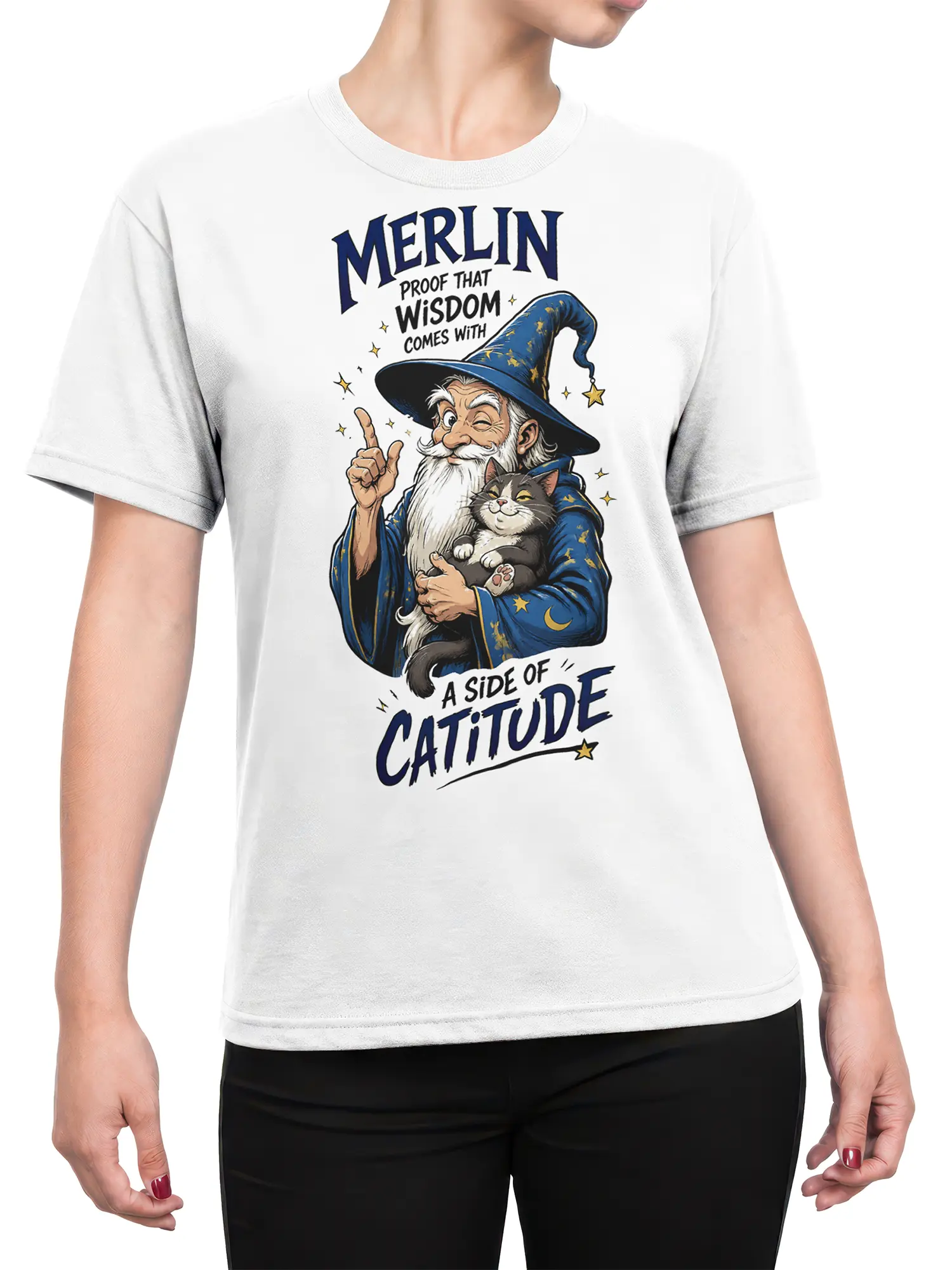 Female torso wearing a white wizard cat T-shirt with a gray cat, blue starry robe, moon, stars, and catitude text