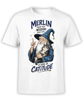 White wizard cat t-shirt with a gray cat, starry blue robe, moon, stars, and catitude lettering