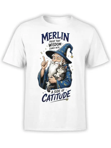 White wizard cat t-shirt with a gray cat, starry blue robe, moon, stars, and catitude lettering