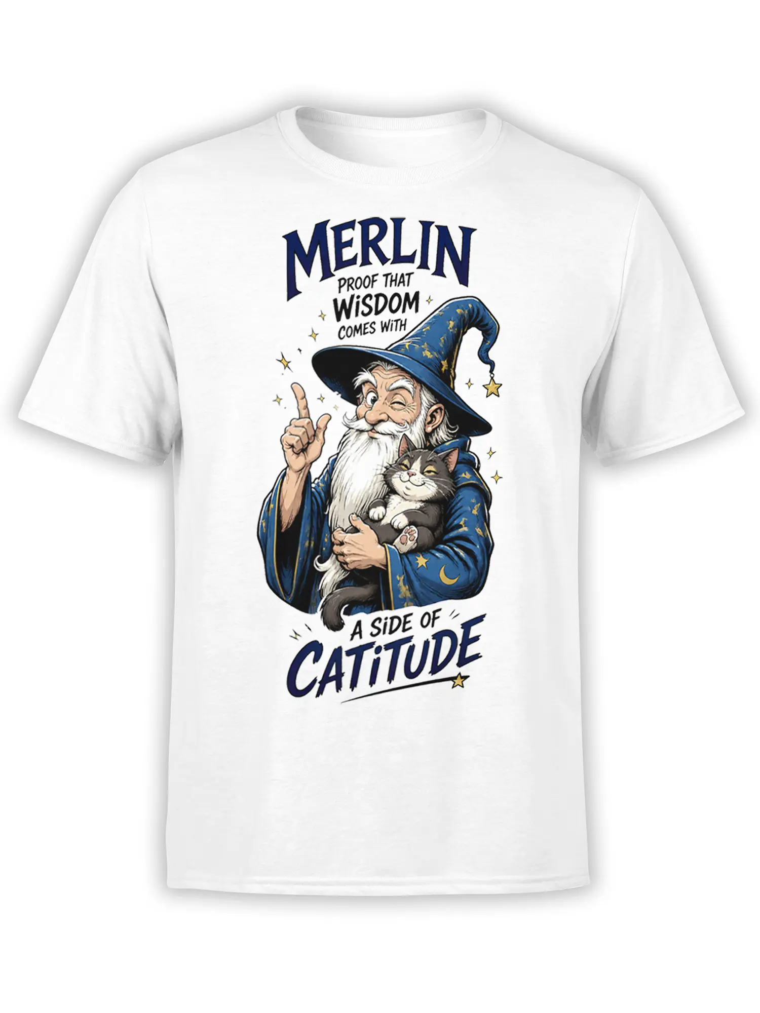 White wizard cat t-shirt with a gray cat, starry blue robe, moon, stars, and catitude lettering