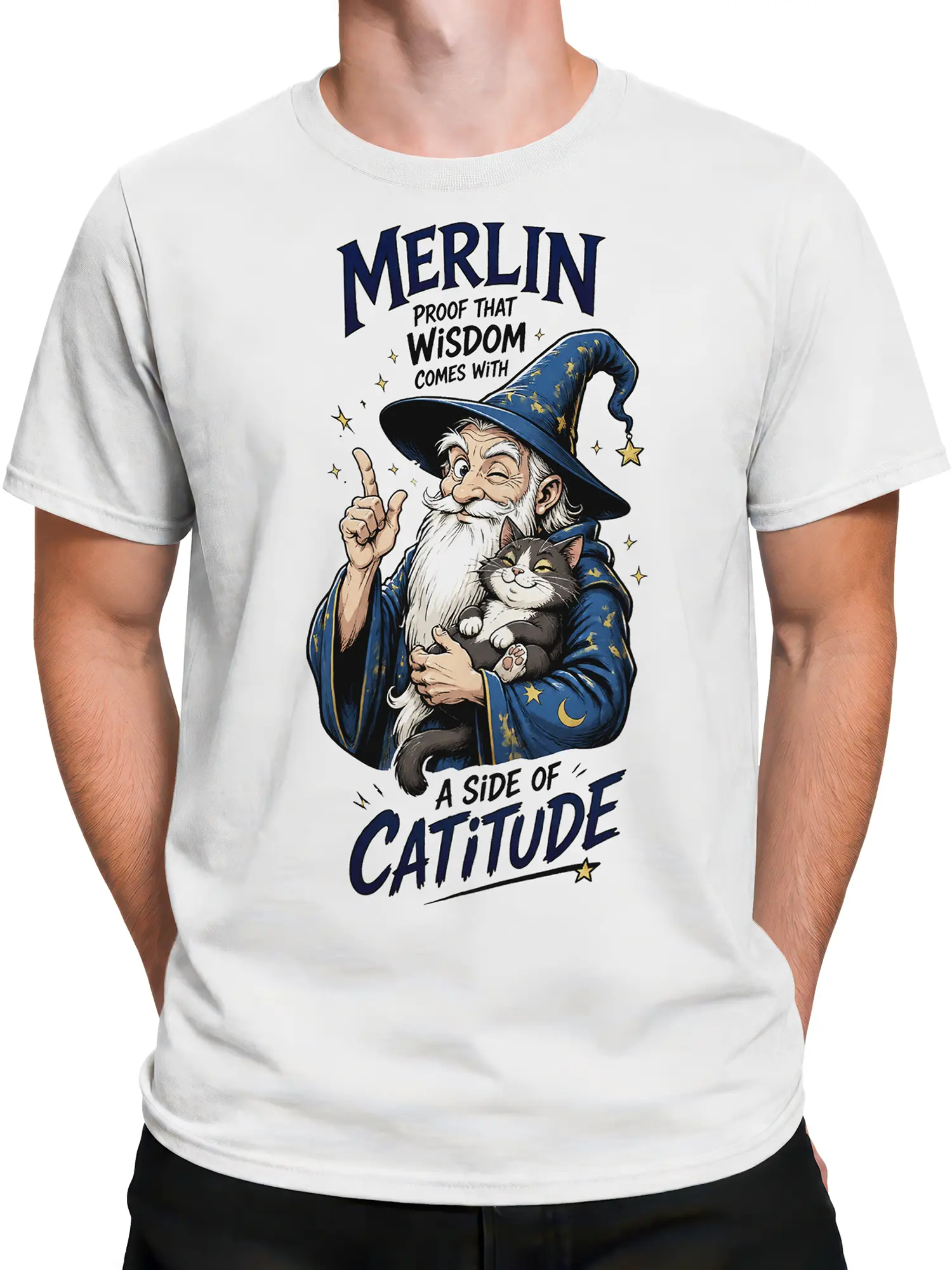 Male torso wearing a white wizard cat T-shirt with a gray cat, blue starry robe, moon, stars, and catitude text
