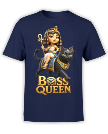 Egyptian queen riding a decorated black cat with gold BOSS QUEEN lettering on a navy T-shirt