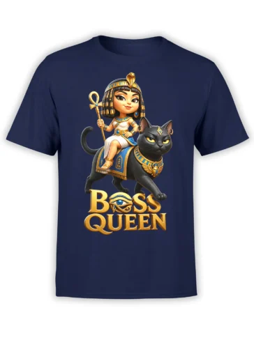 Egyptian queen riding a decorated black cat with gold BOSS QUEEN lettering on a navy T-shirt