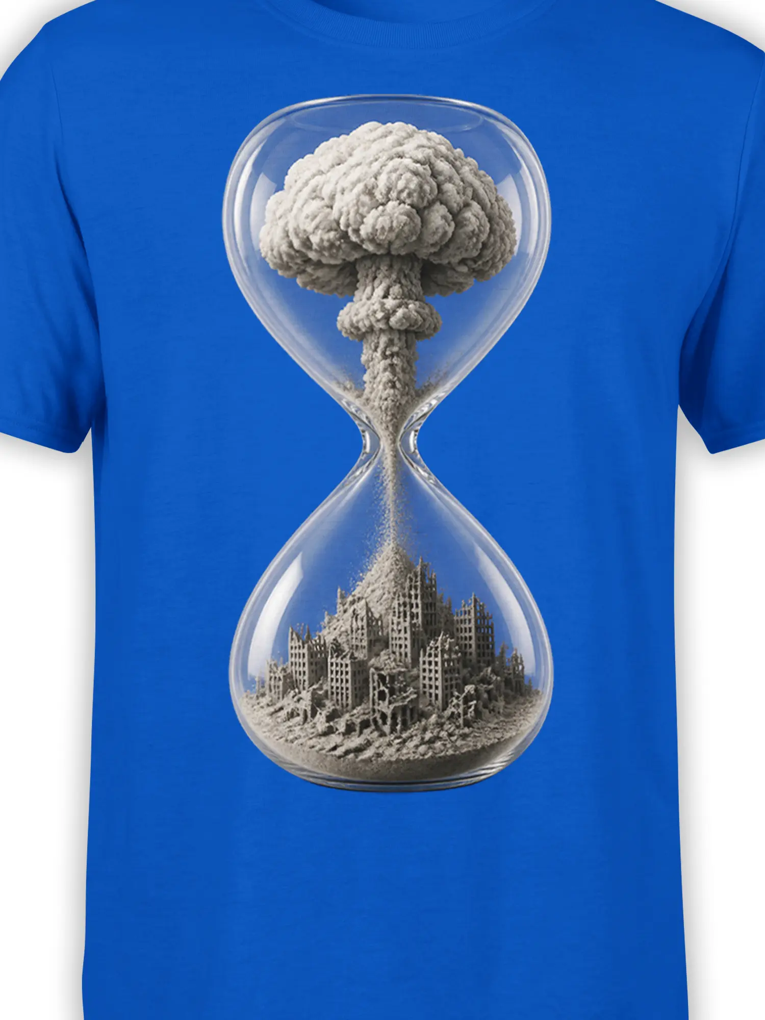 Close-up of the hourglass apocalypse design on a blue graphic T-shirt