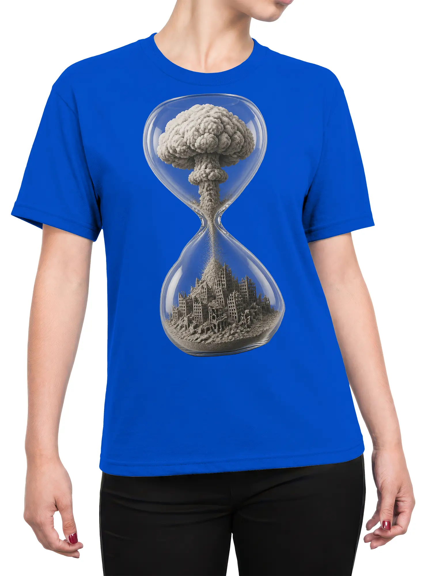 Female torso wearing a blue T-shirt with an hourglass and ruined city graphic