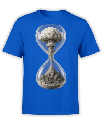 Blue T-shirt with an hourglass showing an explosion cloud above a detailed ruined city