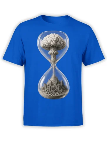 Blue T-shirt with an hourglass showing an explosion cloud above a detailed ruined city