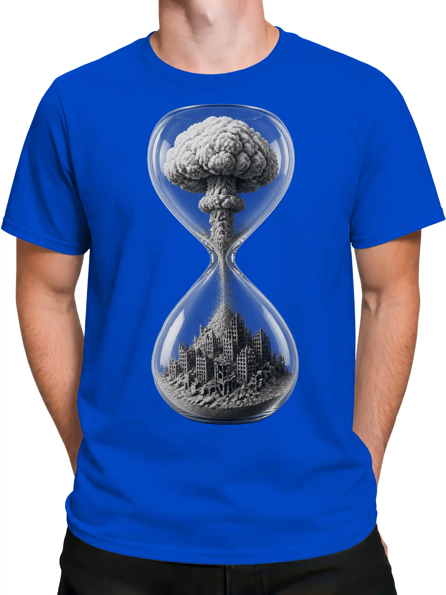 Male torso wearing a blue T-shirt with an hourglass apocalypse graphic