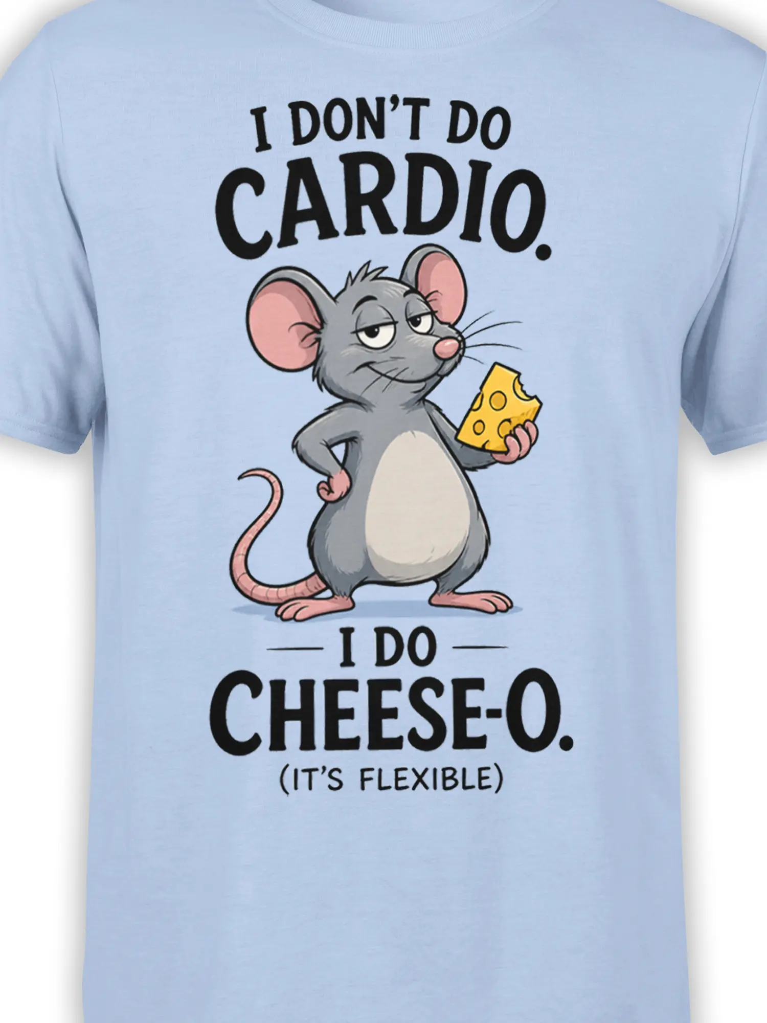 Close-up of gray cartoon mouse holding yellow cheese on a light blue cheese pun t-shirt