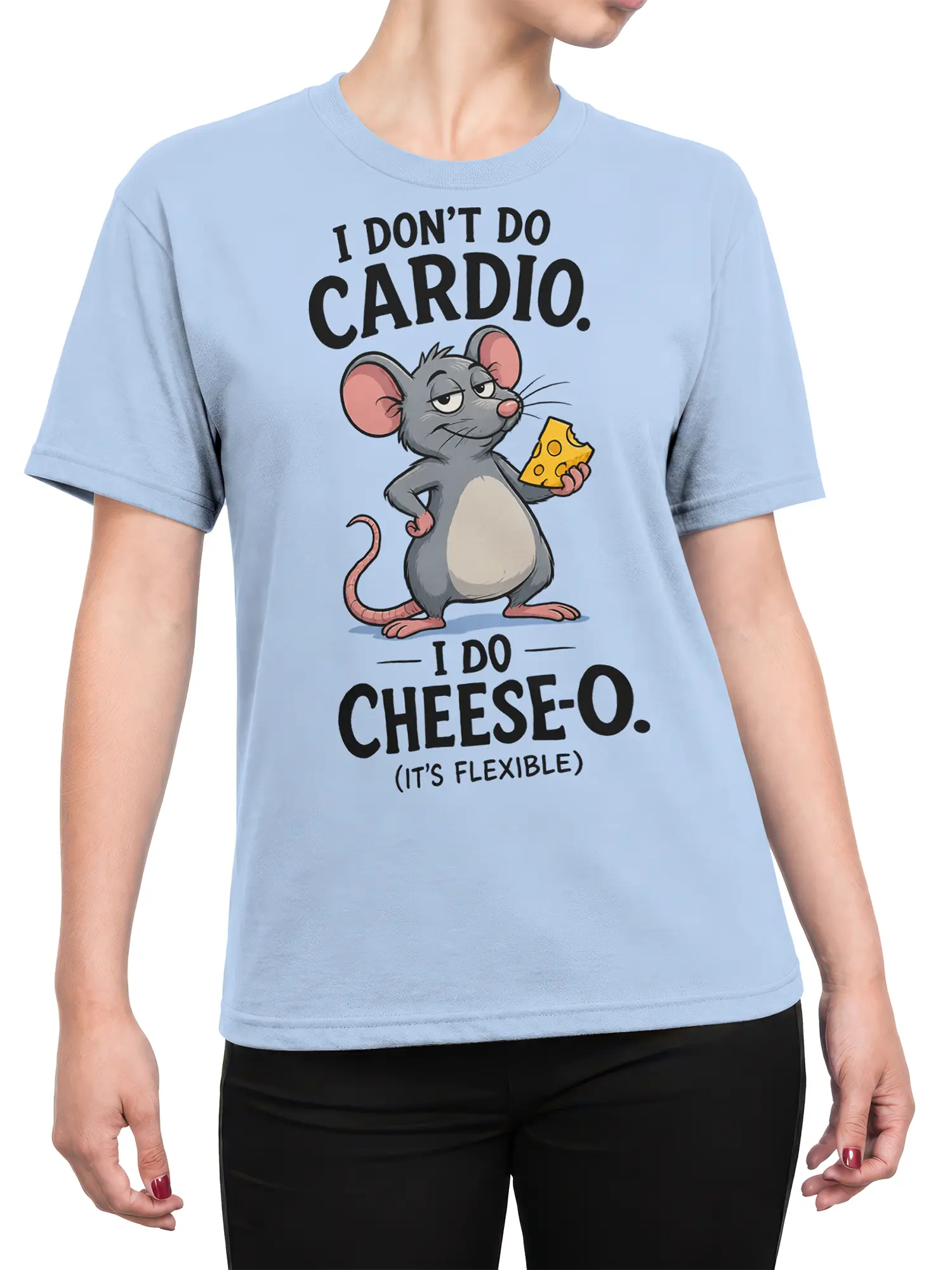 Female torso wearing a light blue mouse graphic tee with a cheese pun and cartoon gray mouse design