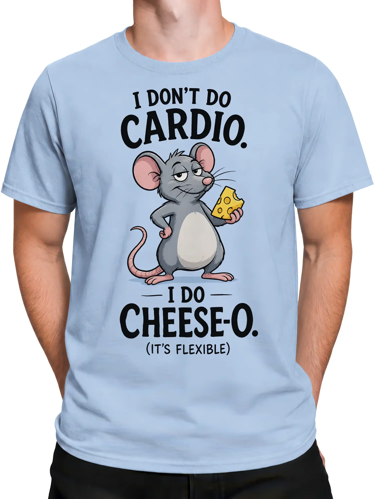 Male torso wearing a light blue cheese pun t-shirt with a gray cartoon mouse and bold lettering