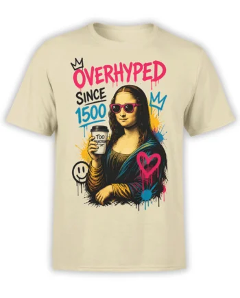 Beige graphic T-shirt with a Renaissance-style portrait, pink sunglasses, coffee cup, crowns, and Overhyped Since 1500 text
