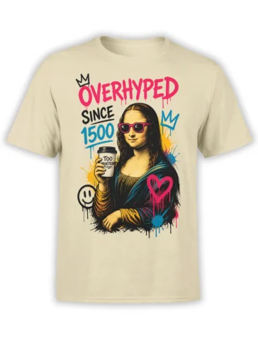 Beige graphic T-shirt with a Renaissance-style portrait, pink sunglasses, coffee cup, crowns, and Overhyped Since 1500 text