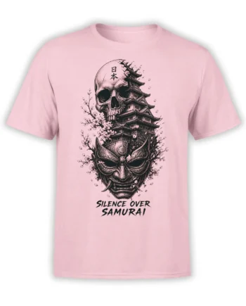 Pink samurai graphic tee with a skull, Japanese castle, demon mask, cherry blossoms, and bold lettering