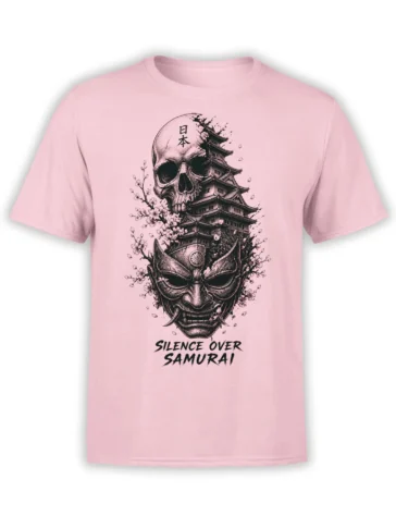 Pink samurai graphic tee with a skull, Japanese castle, demon mask, cherry blossoms, and bold lettering