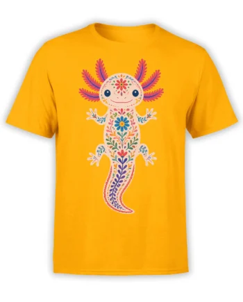 Smiling floral axolotl graphic with colorful folk-art details on a yellow T-shirt