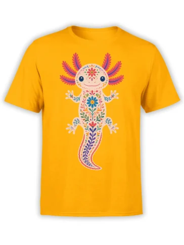 Smiling floral axolotl graphic with colorful folk-art details on a yellow T-shirt