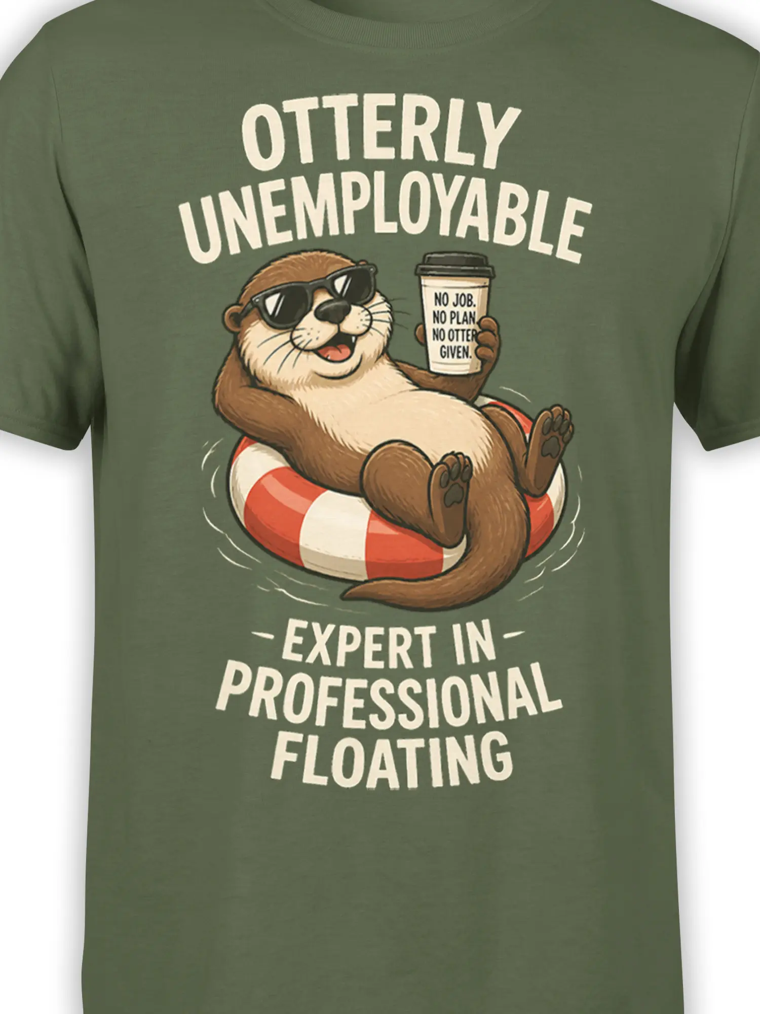 Close-up of olive green otter graphic tee with sunglasses, coffee cup, swim ring, and vintage-style lettering