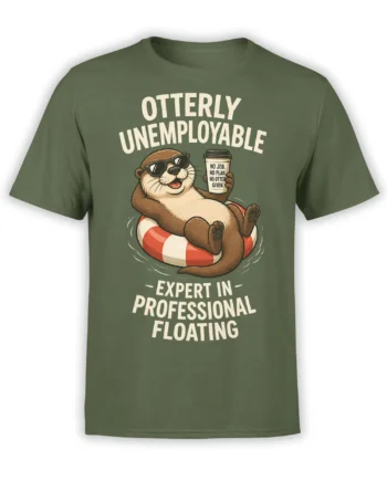 Olive green otter T-shirt showing a sunglasses-wearing otter floating with coffee and sarcastic cream lettering