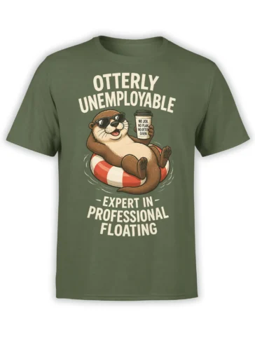 Olive green otter T-shirt showing a sunglasses-wearing otter floating with coffee and sarcastic cream lettering