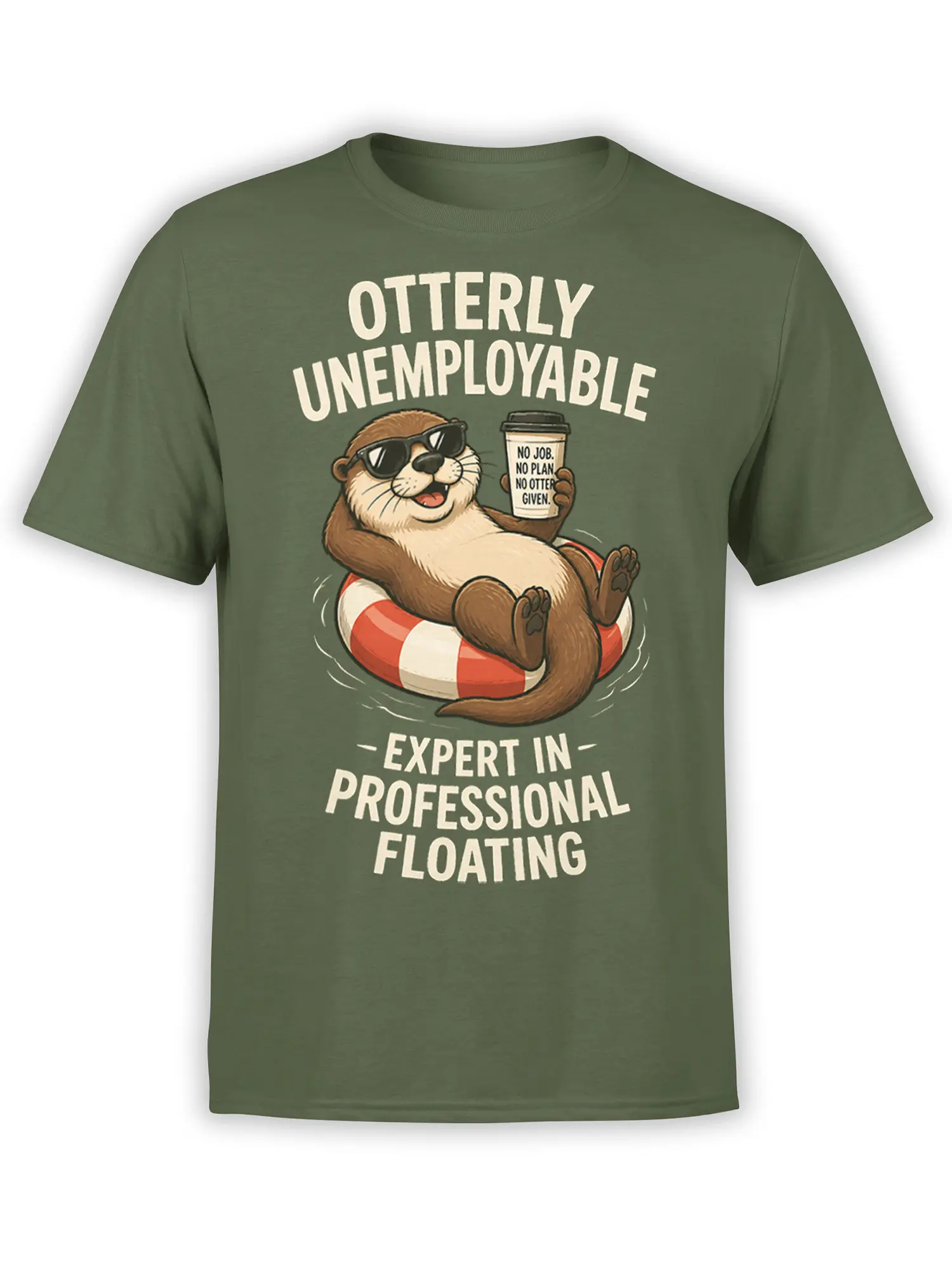 Olive green otter T-shirt showing a sunglasses-wearing otter floating with coffee and sarcastic cream lettering