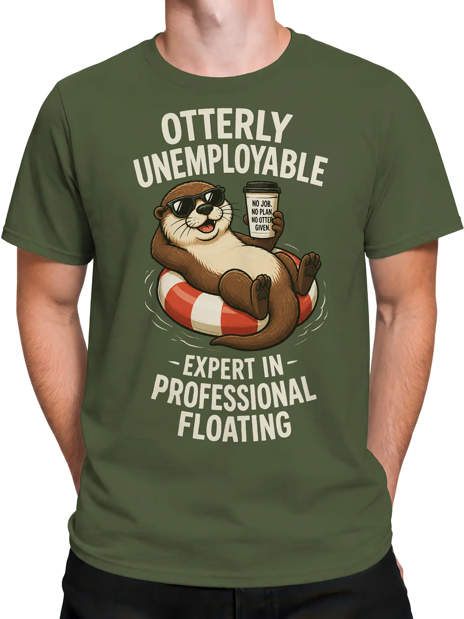 Male torso wearing an olive green funny otter T-shirt with coffee humor and professional floating artwork