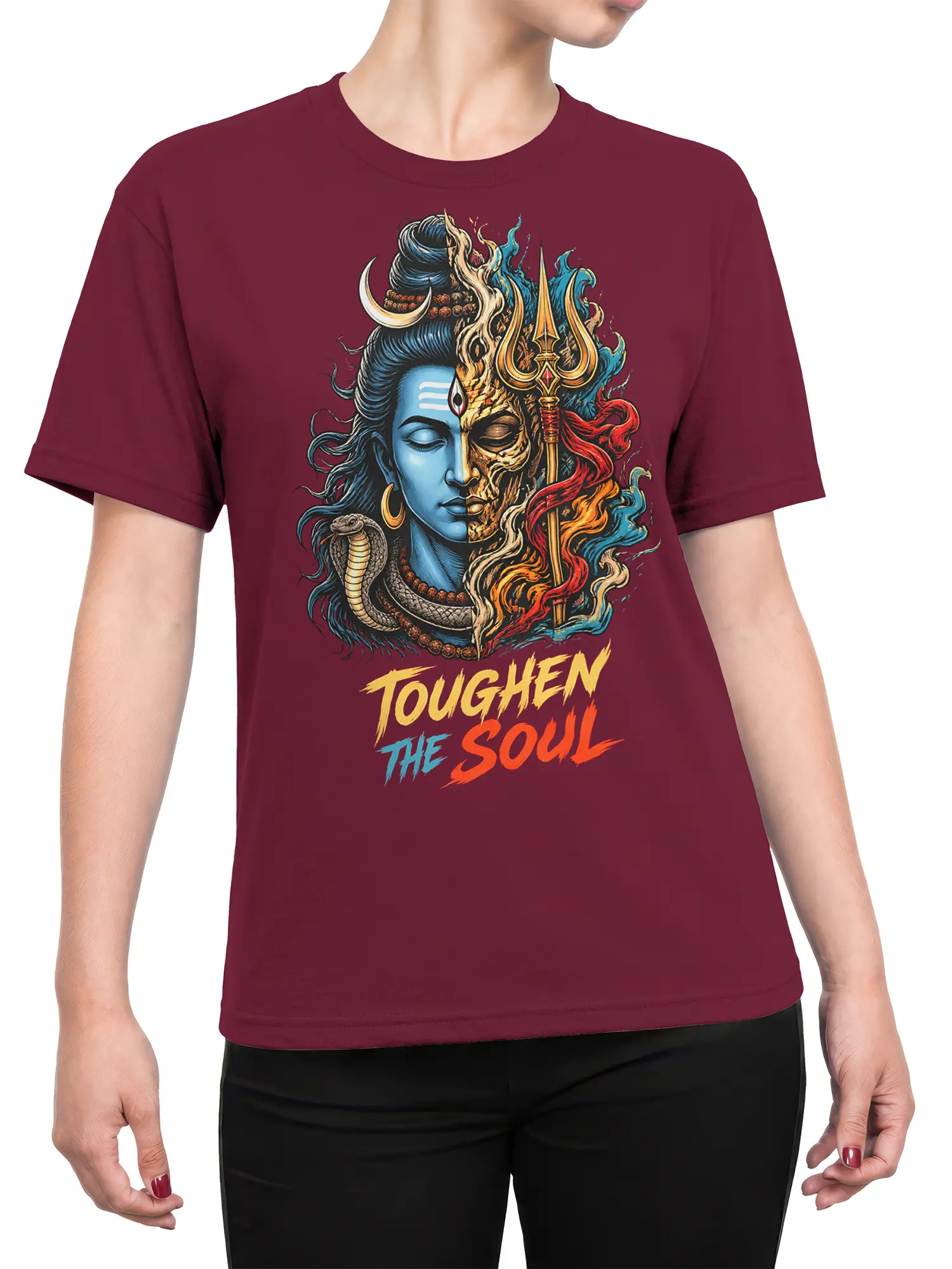 Female torso wearing a burgundy T-shirt with Shiva-inspired spiritual warrior artwork and bold Toughen the Soul lettering