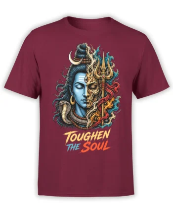 Shiva-inspired spiritual warrior design on a burgundy T-shirt with a trident, cobra, crescent moon, and bold text