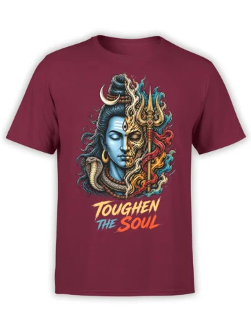 Shiva-inspired spiritual warrior design on a burgundy T-shirt with a trident, cobra, crescent moon, and bold text
