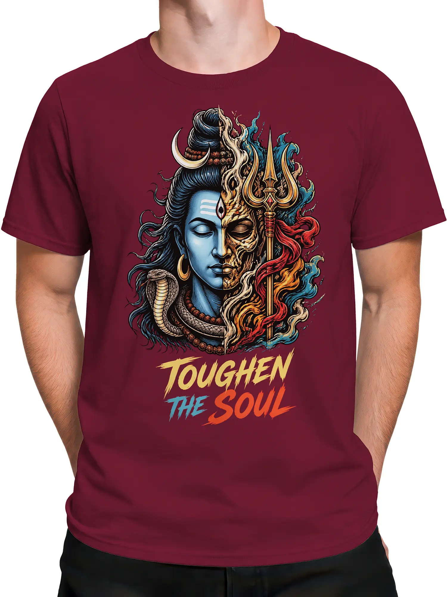 Male torso wearing a burgundy T-shirt with a split spiritual warrior face, trident, cobra, and bold soul-strength message