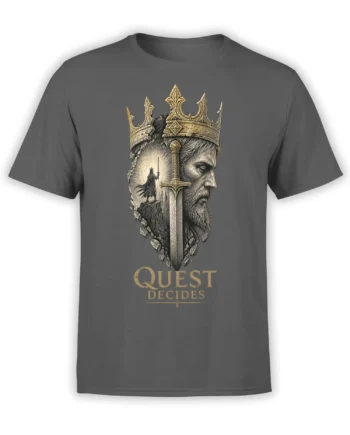 Gray T-shirt with crowned medieval warrior king, central sword, and QUEST DECIDES graphic in gold and black