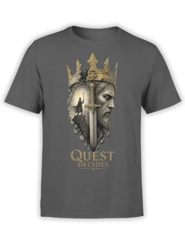 Gray T-shirt with crowned medieval warrior king, central sword, and QUEST DECIDES graphic in gold and black