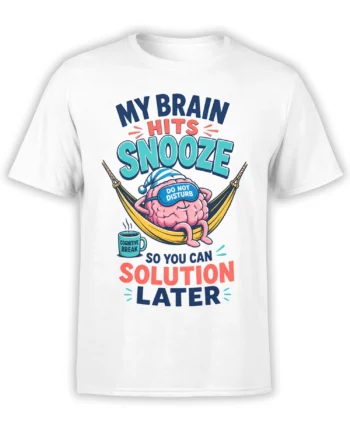 Funny white brain t-shirt with a hammock, coffee mug, sleep mask, and colorful procrastination slogan